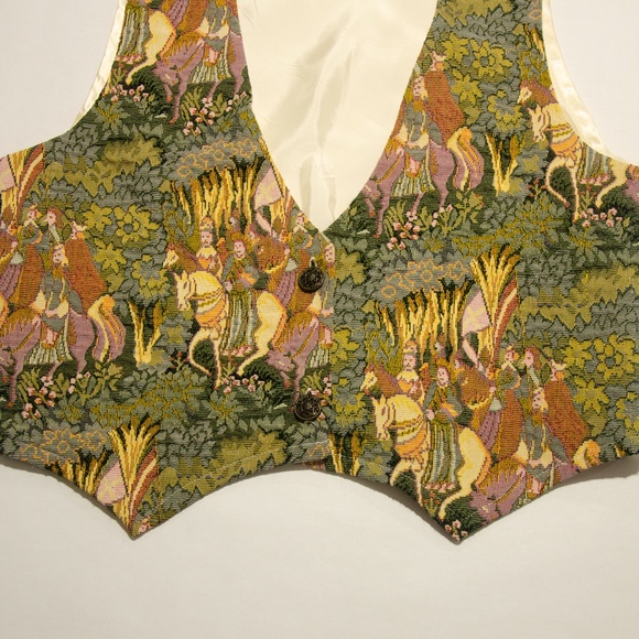 Vintage Tapestry Vest Green 1980's stitched tapestry style renaissance horse sc - Picture 3 of 7
